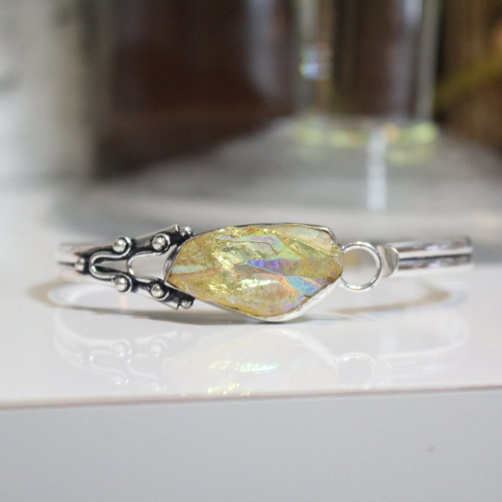 Yellow Titanium Druzy Sterling Silver Gemstone Bangle Bracelet - Picture 5 of 9